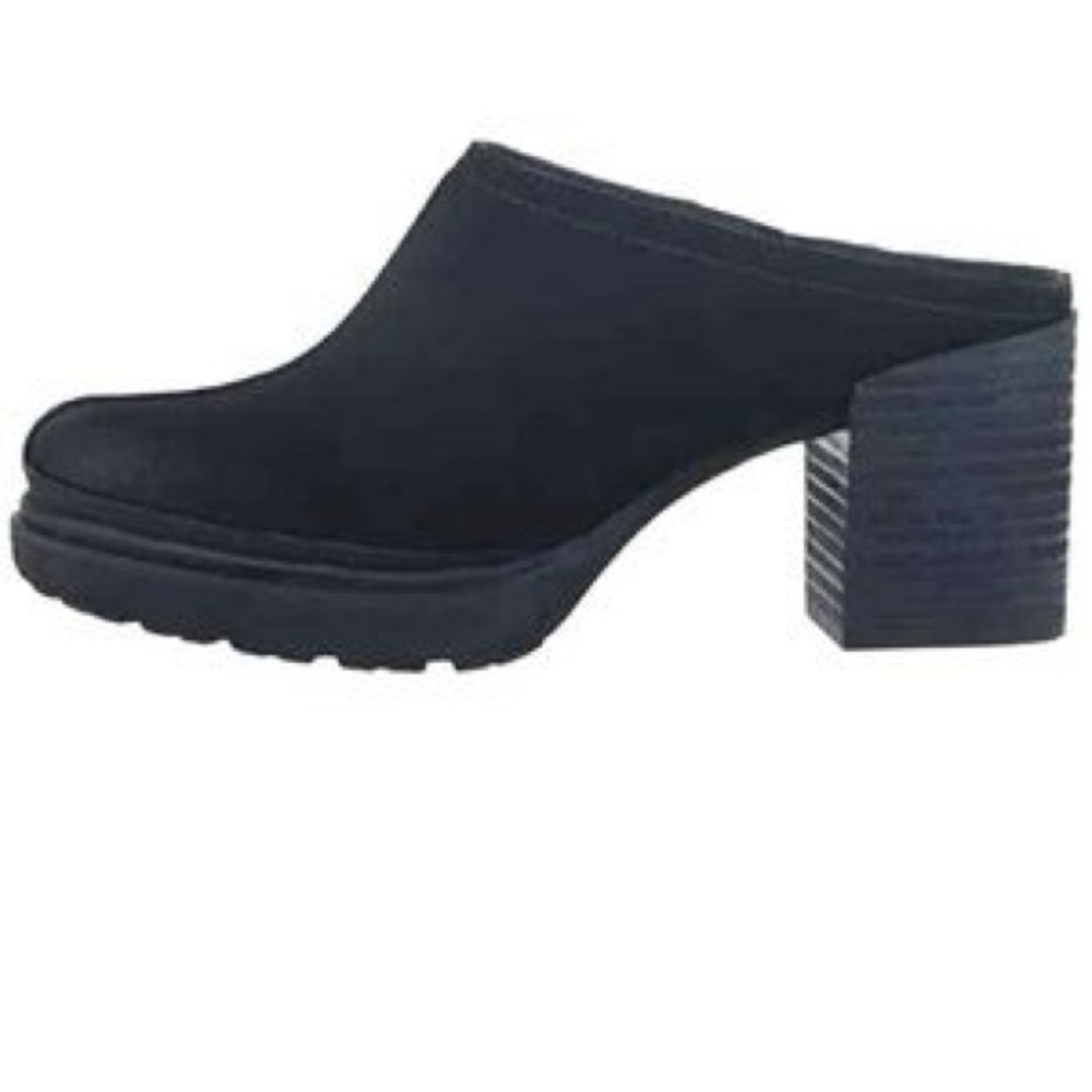 OTBT split black leather clog mules block heel side 10‎